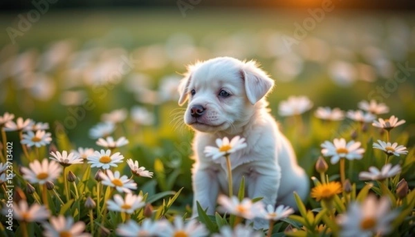 Fototapeta A cute puppy sits among blooming daisies in a sunlit field, creating a warm and peaceful springtime scene.