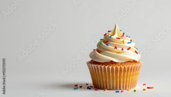 Fototapeta A vanilla cupcake with swirled frosting and colorful sprinkles sits on a white surface with a plain background.