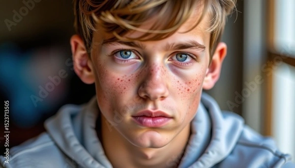 Fototapeta A young boy with blue eyes and freckles gazes intently at the camera, wearing a light hoodie, with soft natural light highlighting his face.