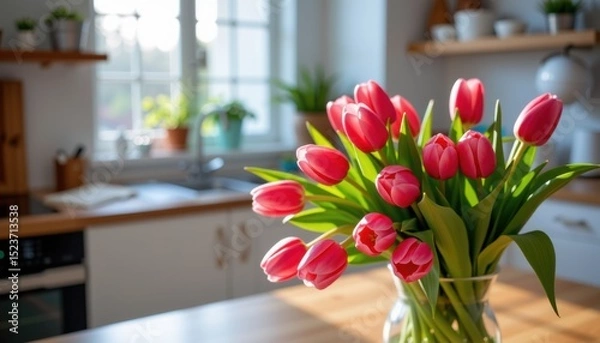 Fototapeta A vase of pink tulips sits on a wooden kitchen counter, with sunlight streaming through a window in a bright, modern kitchen.