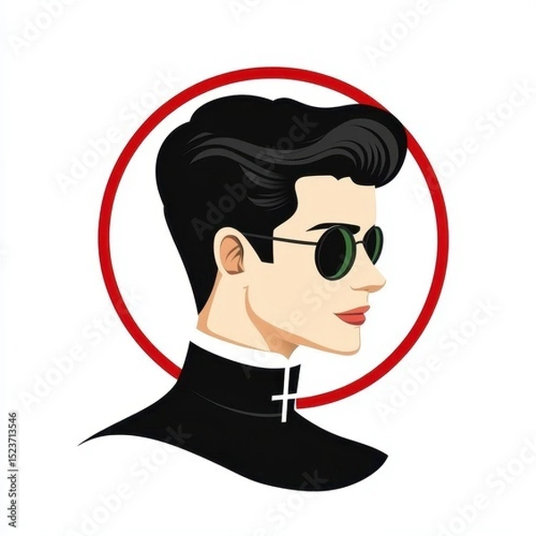 Fototapeta Pixel art portrait of a young man with dark hair, wearing sunglasses and a black collared shirt, set against a white background within a red circle