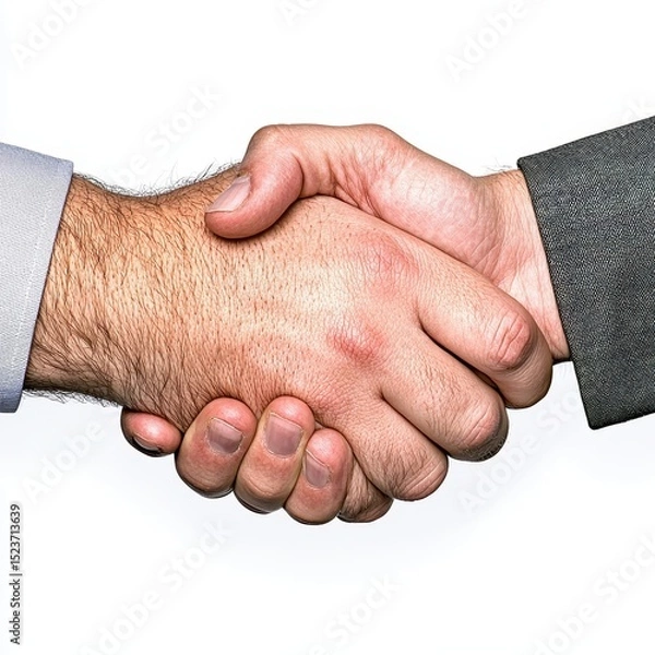 Fototapeta Close up of two hands shaking against a white background. The image focuses on the detail of the hands and the gesture of agreement