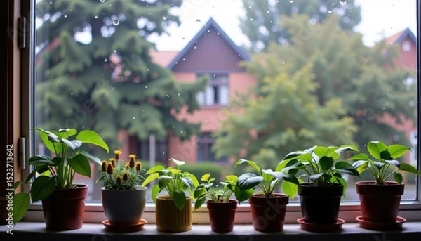 Fototapeta Several potted plants sit on a windowsill with a view of houses and trees outside through a rain-speckled window.