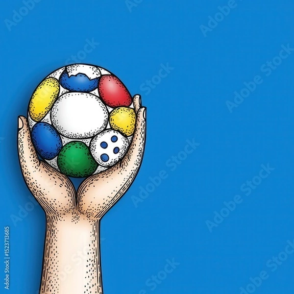 Fototapeta Close up view of hands holding a colorful patterned ball against a solid blue background. The illustration style is reminiscent of a vintage print
