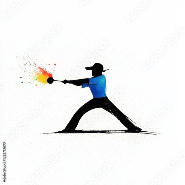 Fototapeta Silhouette of a man wearing a hat and blue shirt, holding a tool that emits colorful sparks on a white backdrop with detailed pixelated effect
