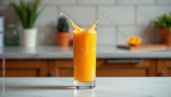 Fototapeta A glass of fresh orange juice splashes on a kitchen counter, with plants and fruit in the background.