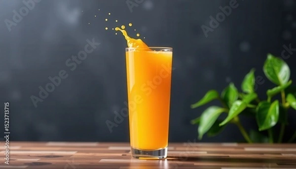 Fototapeta A glass of orange juice splashes on a wooden table with a green plant in the background.