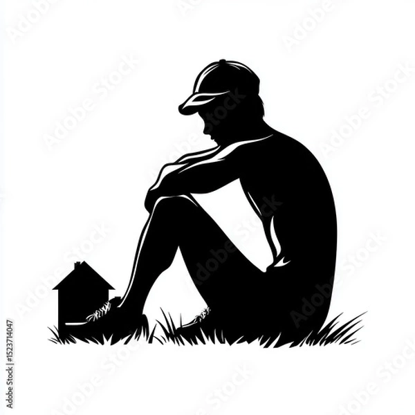 Fototapeta Black and white silhouette of a person sitting on the grass, next to a small house illustration. Conveys contemplation and solitude