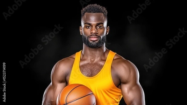 Fototapeta Muscular Black man with short hair holds a basketball against a dark background. He wears a mustard yellow tank top. The image is well lit, focusing