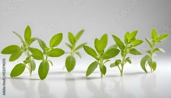 Fototapeta Several fresh stevia plants with vibrant green leaves stand out against a bright backdrop, highlighting their natural beauty.
