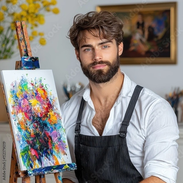 Fototapeta A young man with a beard and curly hair sits proudly beside his vibrant abstract painting, showcasing a colorful explosion of hues on canvas. The
