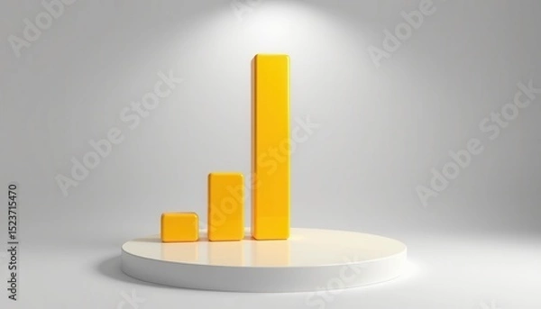 Obraz A 3D yellow bar chart with three ascending bars stands on a round white platform under a spotlight, symbolizing growth and success.