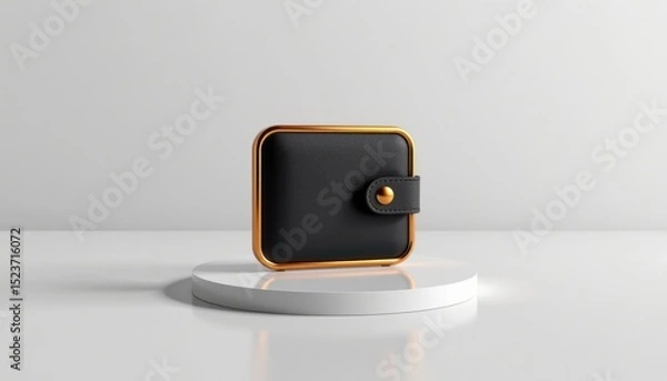 Fototapeta A modern black square wallet with gold trim is displayed on a white circular platform against a minimalist background.
