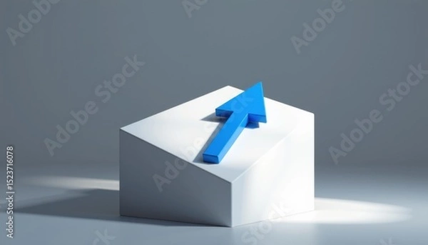 Fototapeta A blue upward arrow rests on a white geometric block, symbolizing progress and growth on a minimalist gray background.
