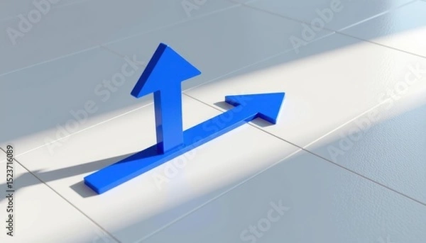 Fototapeta Two blue arrows on a tiled floor point in different directions, symbolizing choice, direction, or decision-making.