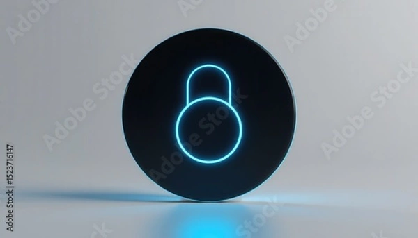 Fototapeta A glowing blue padlock icon on a black circular background symbolizes digital security and privacy.