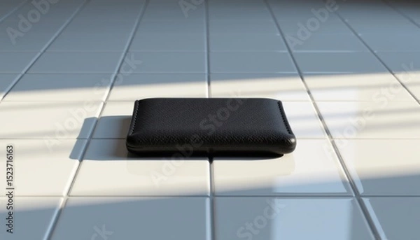 Fototapeta A black leather wallet resting on a shiny white tiled floor under natural light.