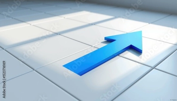 Fototapeta A bright blue arrow points forward on a white tiled surface, symbolizing progress and direction in a modern, minimalistic setting.