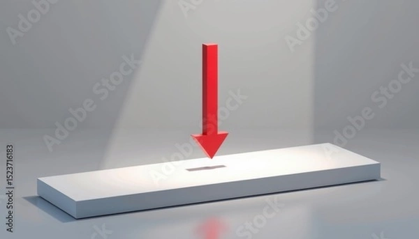 Fototapeta A large red arrow points downward onto a white rectangular platform under a spotlight in a minimalistic setting.