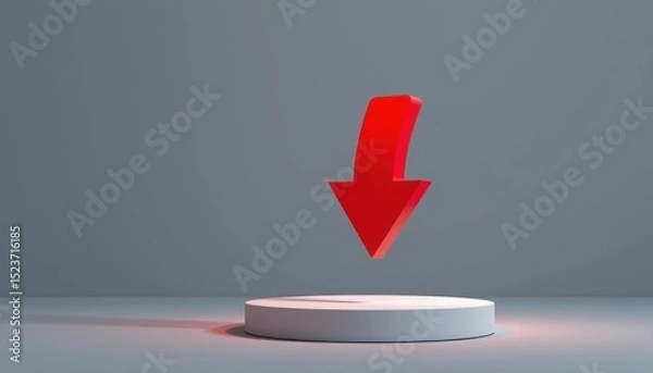 Fototapeta A large red downward arrow points to a white circular platform against a plain gray background.