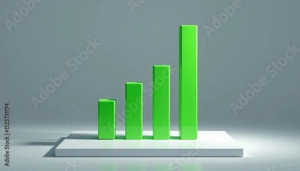 Fototapeta A 3D green bar chart displays increasing columns on a white platform, symbolizing growth and success.