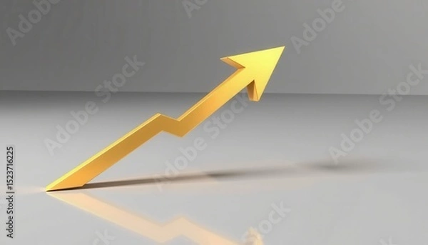 Fototapeta A gold upward arrow on a reflective surface symbolizes growth, progress, or success.