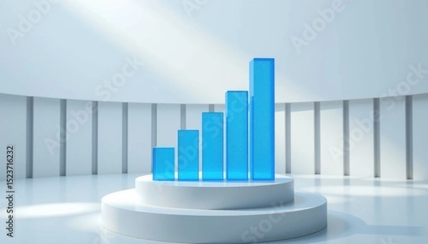 Fototapeta A 3D blue bar graph stands on a circular podium in a modern, minimalist white room with soft lighting.