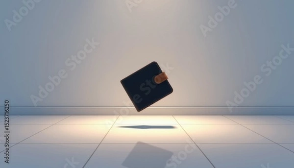 Fototapeta A black wallet with a brown strap floats above a tiled floor under a spotlight, casting a shadow on the ground.