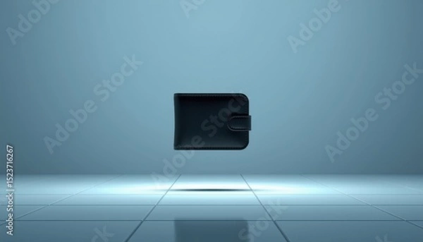 Fototapeta A black leather wallet is suspended in mid-air above a glossy tiled floor, against a minimalist blue background.