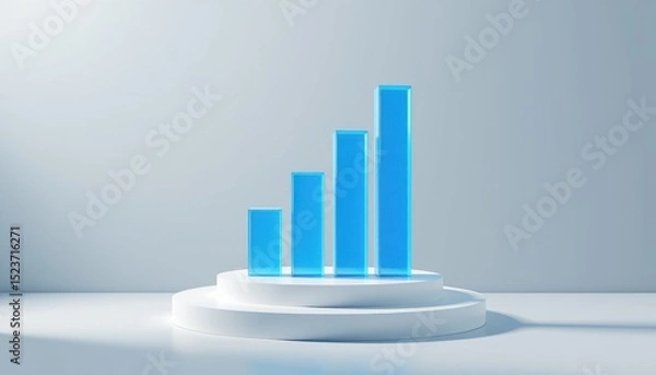 Fototapeta A 3D blue bar graph stands on a white circular podium, representing growth, progress, or statistical data in a clean, modern setting.