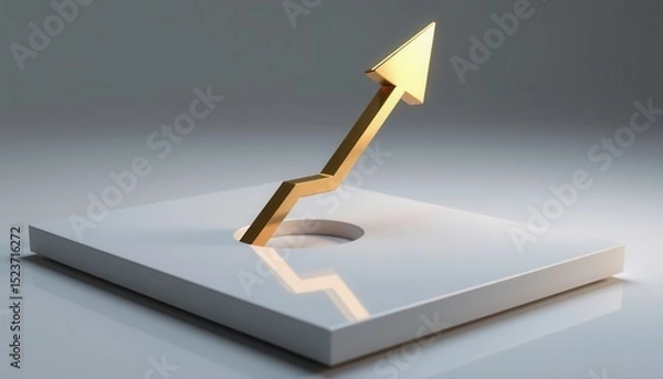 Fototapeta A golden arrow breaks through a white surface, symbolizing growth, success, and upward progress against a minimalist background.