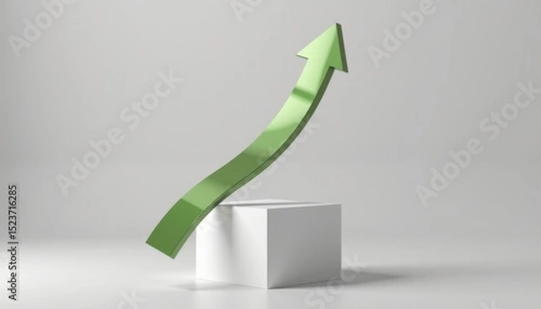 Fototapeta A green upward arrow curves above a white cube, symbolizing growth and progress on a minimalistic, light background.