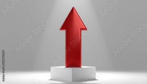 Fototapeta A large red arrow pointing upward stands on a white pedestal, illuminated by a spotlight against a gray background.