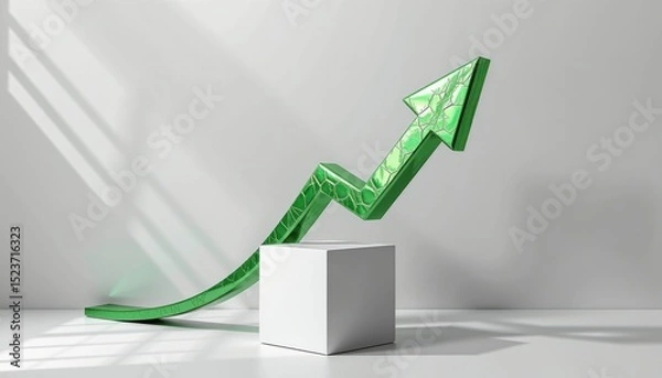 Fototapeta A green upward arrow symbolizing growth and progress stands on a white cube in a minimalist, well-lit room.