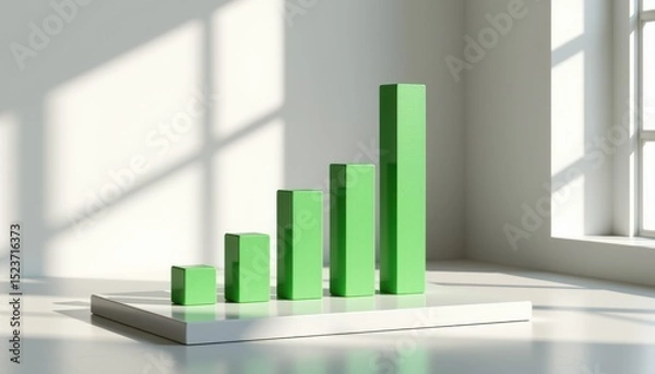 Fototapeta A green 3D bar graph stands on a white platform in a bright, sunlit room with large windows and shadow patterns.