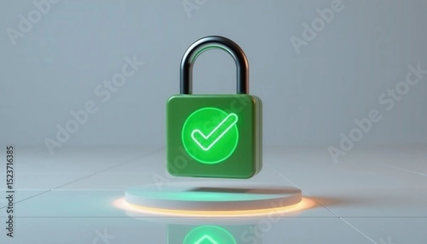 Obraz A green padlock with a check mark symbol hovers above a platform, representing security and verification.