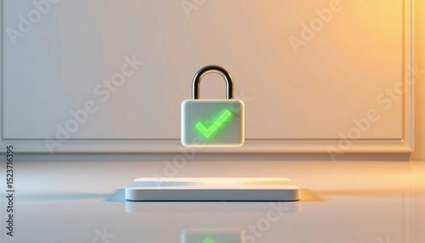 Fototapeta A floating padlock with a green checkmark symbolizing secure access, positioned above a platform in a minimalistic room.