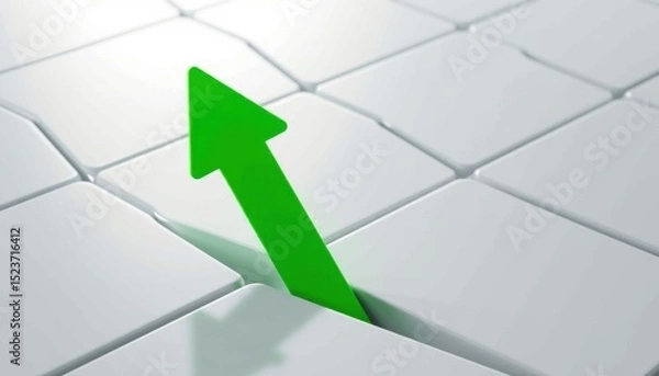 Fototapeta A green arrow breaks through white tiles, symbolizing growth, progress, and overcoming barriers.