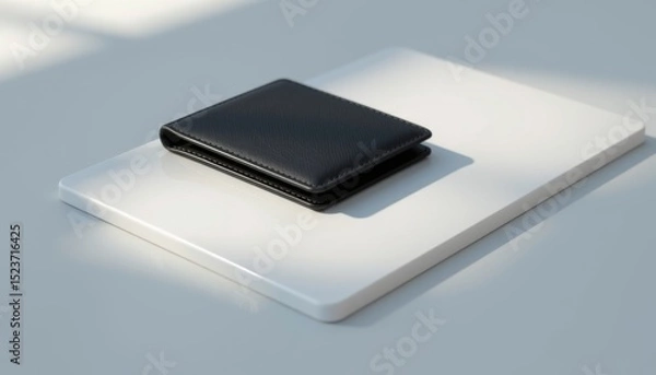 Fototapeta A black leather wallet rests on a closed laptop, placed on a minimalist white surface in natural light.