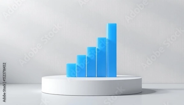 Fototapeta A blue 3D bar chart stands on a white circular platform against a minimalist gray background.