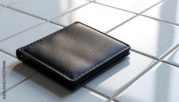 Fototapeta A black leather wallet rests on glossy white tiles under natural lighting.