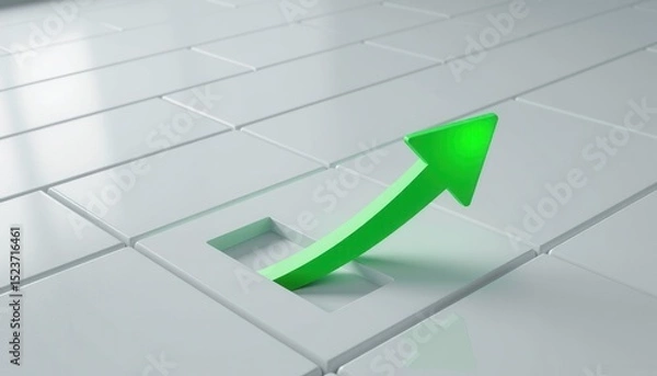 Fototapeta A green arrow breaking through a white tiled surface, symbolizing growth, progress, and innovation.