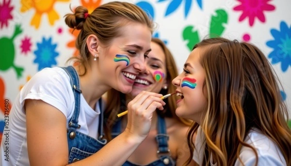 Fototapeta Three young women with rainbow face paint smile and laugh together, celebrating in front of a colorful, flower-filled background.