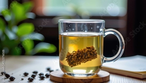 Fototapeta Transparent mug of herbal tea with a pine cone inside, set on a wooden coaster, with blurred greenery and seeds in the background.