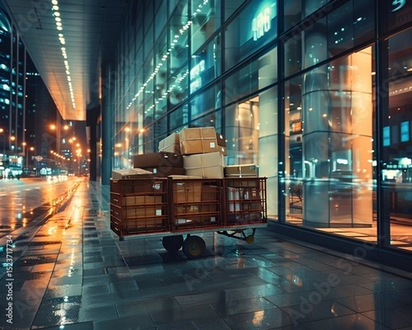 Obraz A hand truck trolley full of packages on the pavement of a modern business district, with reflections of city lights on the glass facade of a building. 40k, full ultra hd, high resolution