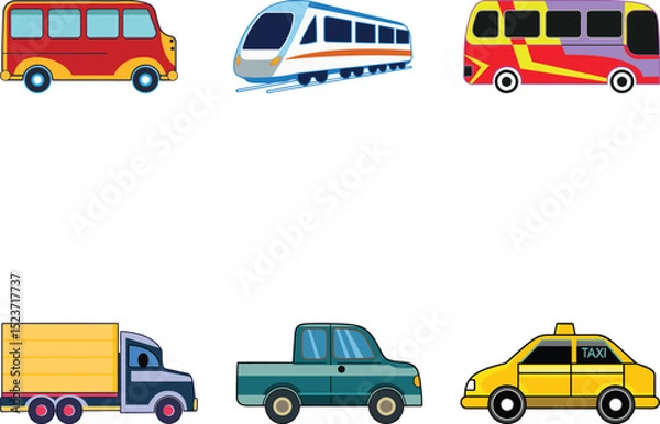 Obraz Transportation Vector icon Set illustration like Car, Bus, Taxi, Train, Cab, A collection of transportation colorful and line art vector icon design set