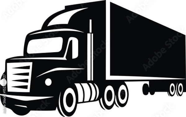 Obraz Semi truck with a large box trailer isolated vector illustration, semi truck with a large box trailer silhouette and line art vector icon design