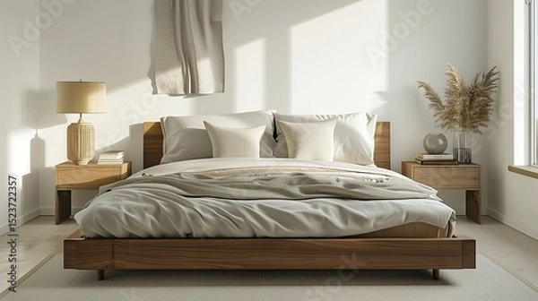 Obraz A serene bedroom featuring a low-profile platform bed with soft, luxurious linens in neutral tones, and minimalist bedside tables with sleek lamps.