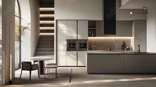 Fototapeta A sophisticated kitchen with clean lines, high-end appliances, and minimalist cabinetry in soft, muted colors, creating an airy and luxurious space.