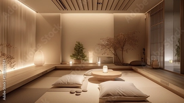 Obraz A tranquil meditation space with soft, luxurious cushions, a minimalist low table, and gentle, ambient lighting, creating a peaceful retreat.